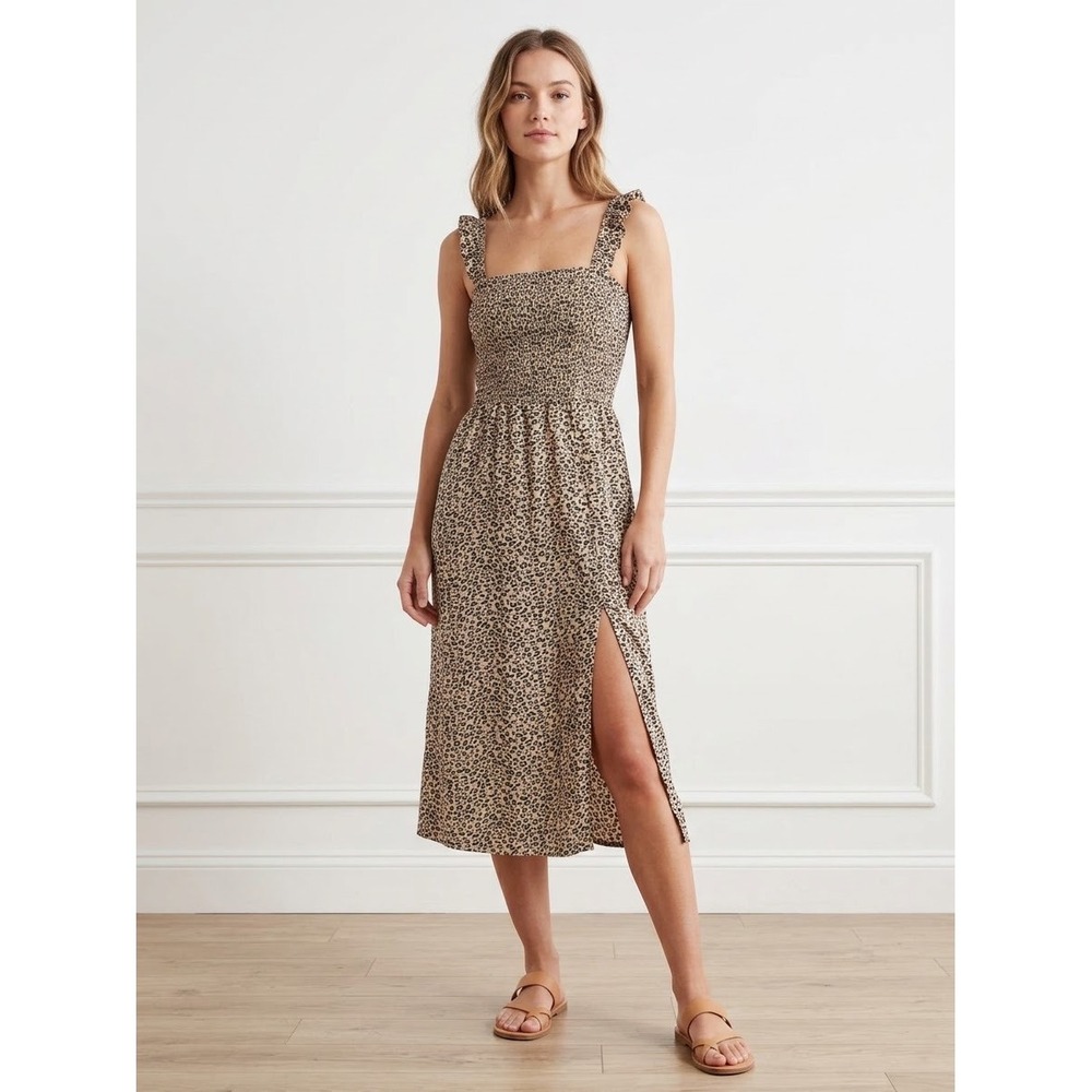 Abercrombie & Fitch Leopard Print Smocked Midi Dress Tan Black XS Slit Ruffle